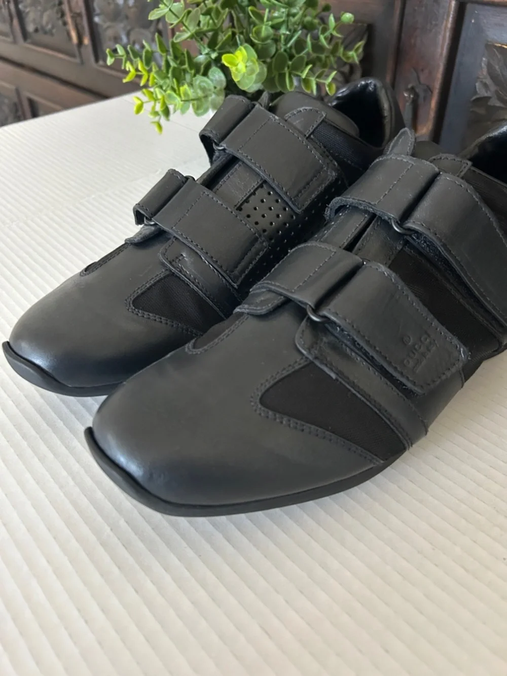 Gucci Black Leather & Textile Velcro Slip-On Sneakers - Picture 8 of 13